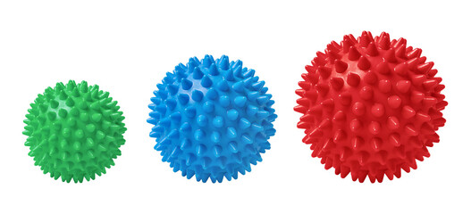 Multicolored spiny massage balls isolated on white. Concept of physiotherapy or fitness. Closeup of a colorful rubber ball for dog teeth on a white color background. Corona virus model.