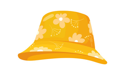Fototapeta premium Cartoon yellow panama. Summer hat with flowers, vector illustration