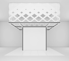 Empty booth mockup with white wall and white floor. 3d rendering