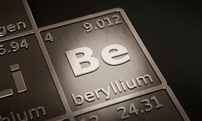 Highlight on chemical element Beryllium in periodic table of elements. 3D rendering