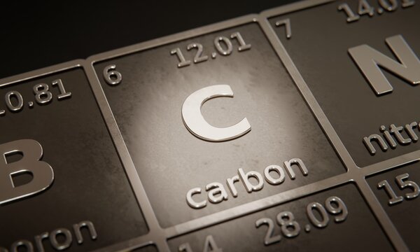 Highlight on chemical element Carbon in periodic table of elements. 3D rendering