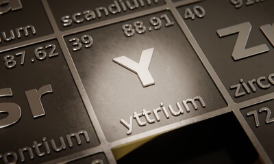 Highlight on chemical element Yttrium in periodic table of elements. 3D rendering