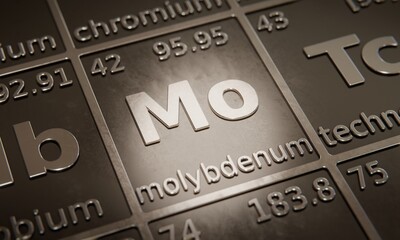 Highlight on chemical element Molybdenum in periodic table of elements. 3D rendering