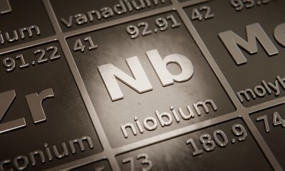 Highlight on chemical element Niobium in periodic table of elements. 3D rendering