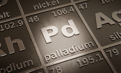 Highlight on chemical element Palladium in periodic table of elements. 3D rendering
