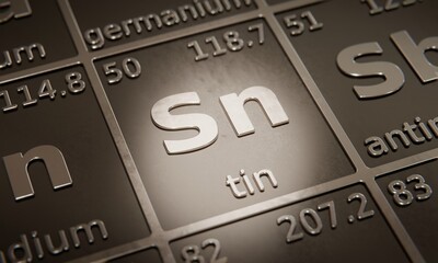 Highlight on chemical element Tin in periodic table of elements. 3D rendering