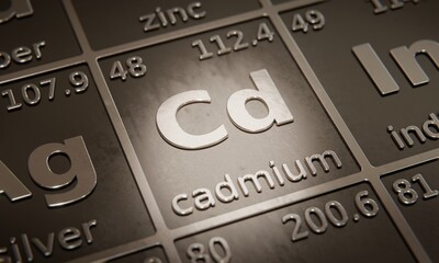 Highlight on chemical element Cadmium in periodic table of elements. 3D rendering