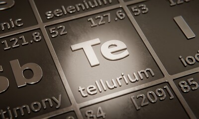 Highlight on chemical element Tellurium in periodic table of elements. 3D rendering