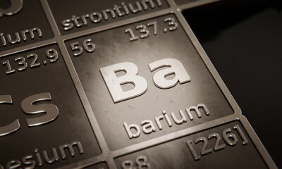Obraz premium Highlight on chemical element Barium in periodic table of elements. 3D rendering