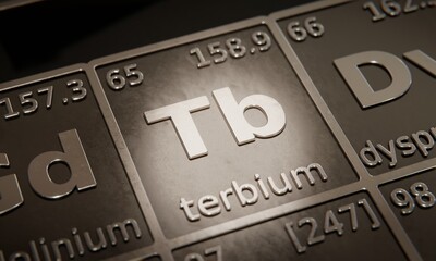 Highlight on chemical element Terbium in periodic table of elements. 3D rendering
