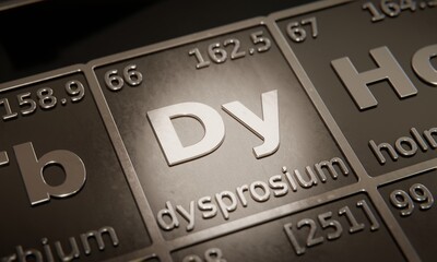 Highlight on chemical element Dysprosium in periodic table of elements. 3D rendering