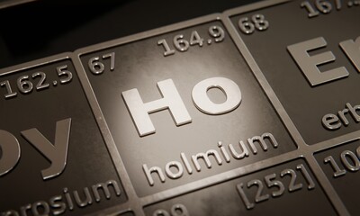 Highlight on chemical element Holmium in periodic table of elements. 3D rendering