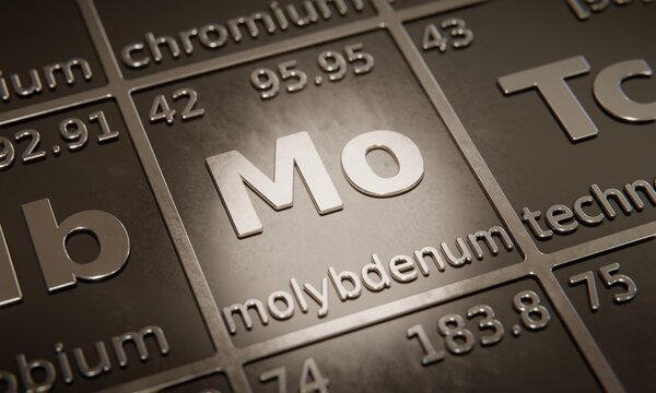 Highlight on chemical element Molybdenum in periodic table of elements. 3D rendering