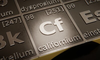 Highlight on chemical element Californium in periodic table of elements. 3D rendering