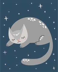 A cute kitty sleeps under the moonlight. Children's illustration. Night sky and stars. Vector illustration for print on baby clothes.