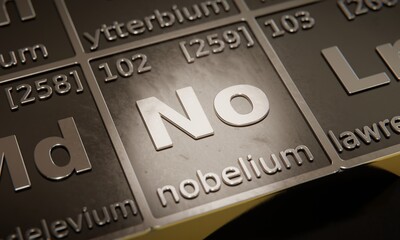 Highlight on chemical element Nobelium in periodic table of elements. 3D rendering