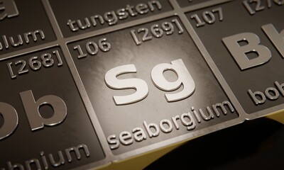 Highlight on chemical element Seaborgium in periodic table of elements. 3D rendering