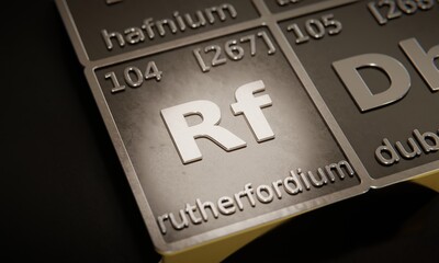 Highlight on chemical element Rutherfordium in periodic table of elements. 3D rendering