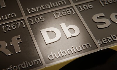Highlight on chemical element Dubnium in periodic table of elements. 3D rendering