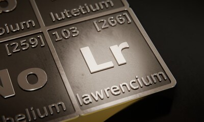 Highlight on chemical element Lawrencium in periodic table of elements. 3D rendering