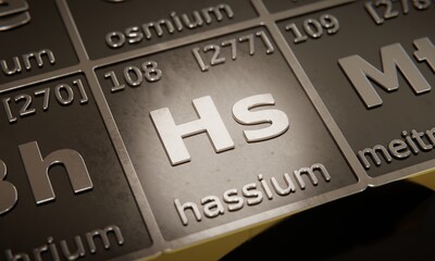 Highlight on chemical element Hassium in periodic table of elements. 3D rendering