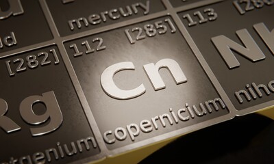 Highlight on chemical element Copernicium in periodic table of elements. 3D rendering