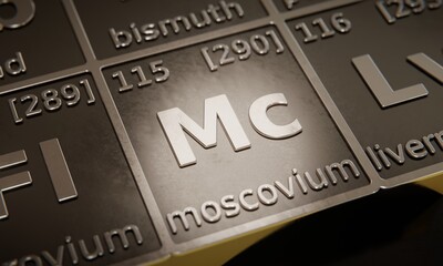 Highlight on chemical element Moscovium in periodic table of elements. 3D rendering