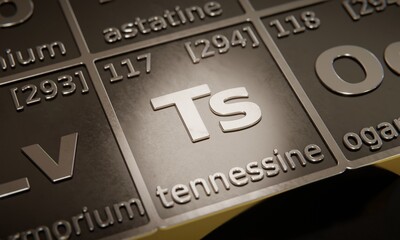 Highlight on chemical element Tennessine in periodic table of elements. 3D rendering