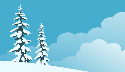 Winter snowy forest. Ate in the snow. Background with blue sky and cloud. Vector cartoon illustration banner