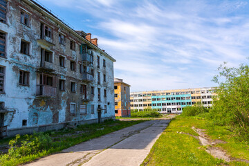 Empty houses in the abandoned settlement of Komsomolsky. Russia