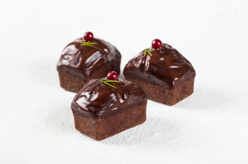 Vegan rectangular cocoa muffin, cake with chocolate icing and cranberries on a white background
