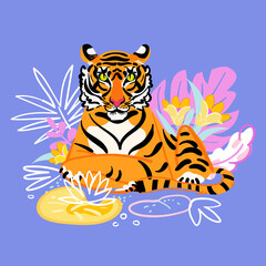 Vector tiger with line leaves and flowers on violet background. Flat style illustration. Chinese 2022 year sign.