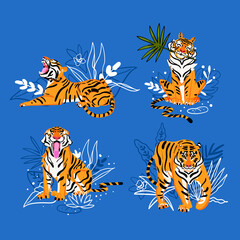 Vector tiger funny set on blue background. Flat design isolated element. Wildlife animal illustration.