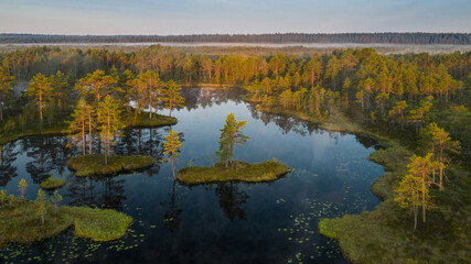 calm summer morning with fog over the lake in Karelia