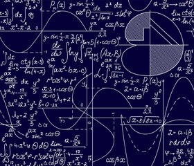 Blue scientific vector seamless pattern with handwritten math and physics formulas