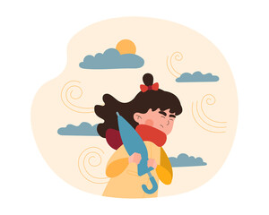 Girl in stormy weather. Woman walks with umbrella down street in autumn. Rain, wind, cold. Taking care of your health, warm clothes, children caught outdoor. Cartoon flat vector illustration