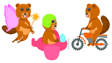Set Abstract Collection Flat Cartoon 
Different Animal Beavers Fairy With Wings And A Magic Wand, Flies By Plane, Rides A Motorcycle Vector Design Style Elements Fauna Wildlife