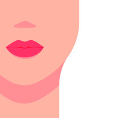 Close-up of a woman's face with closed pink lips. Young clear skin, part of the body, neck, full face. Vector illustration, flat minimal cartoon color design, isolated on white background, eps 10.