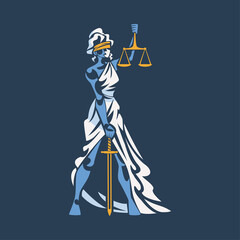 Themis as Ancient Greek Goddess and Lady Justice with Blindfold Holding Scales and Sword Vector Illustration