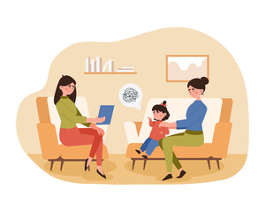 Children psychotherapy concept. Mother brought her daughter to specialist. Doctor will be able to solve internal problems. Parents take care of their teenager. Cartoon flat vector illustration