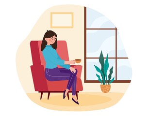 Woman with tea.Comfortable rest after work. haracter sitting in chair with cup of coffee. Recuperation, weekend, cozy apartment. Indoor, lifestyle, interior. Cartoon flat vector illustration