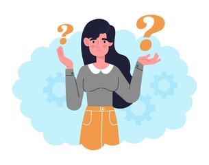 Concept of thinking woman. Character with two questions mark in her hands. Deadlock in life, problems at work. Choosing one of two paths, evaluating decisions. Cartoon flat vector illustration