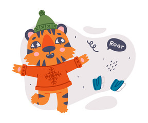 Cute Little Striped Tiger Cub with Orange Fur Wearing Hat and Sweater Enjoying Winter Holiday Vector Illustration