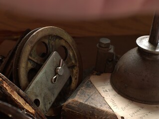 A workshop with old rusty car parts, and tools. Perfect for backgrounds, and industrial themes.