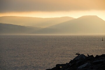 beautiful orange sunrise filtered through clouds over the sea with cormorants on the rock