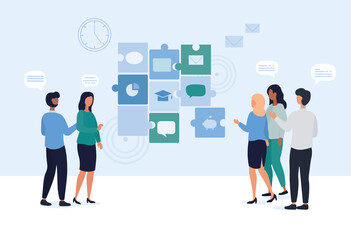 Concept of business. Teamwork, employees exploring directions. Cooperation, partnership, colleagues. Crowd of people evaluates work of company, regular customers. Cartoon flat vector illustration