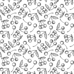 Hand drawing seamless pattern with cherry in monochrome sketch engraved style isolated on white background. Design for branding textile or market cover, banner, cloth. Botanical vector illustration.