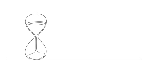 One continuous line drawing of hourglass with flow sand. Vintage timer as time passing concept for business deadline in simple linear style isolated on white background. Doodle vector illustration - obrazy, fototapety, plakaty