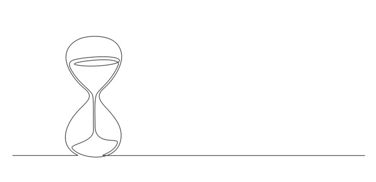 One Continuous Line Drawing Of Hourglass With Flow Sand. Vintage Timer As Time Passing Concept For Business Deadline In Simple Linear Style Isolated On White Background. Doodle Vector Illustration