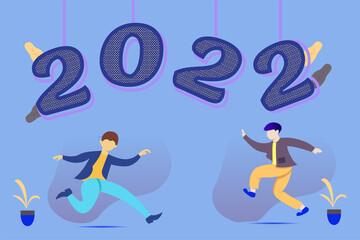 Background vector illustration, two people are happy to welcome the new year 2022. flat design style. suitable for landing page, UI, animation, news
